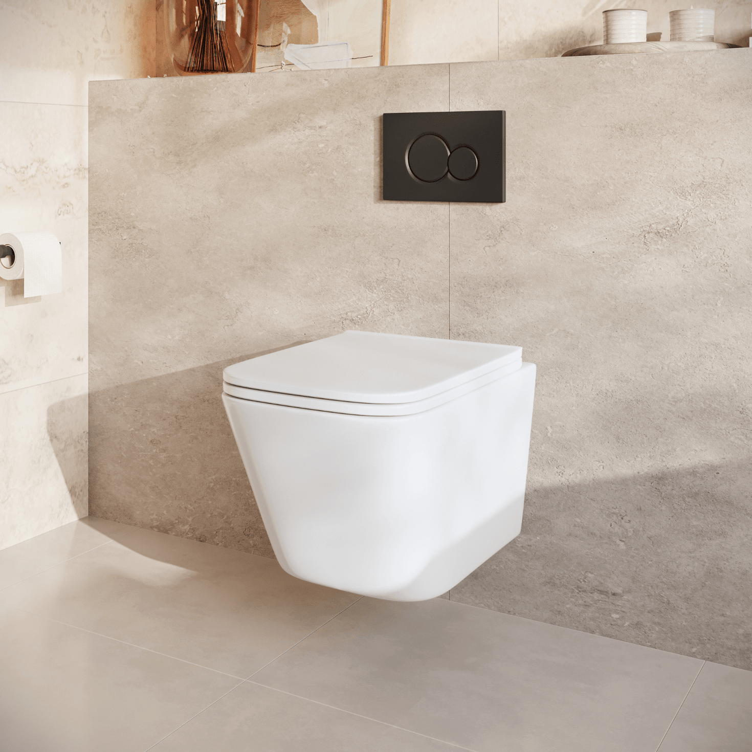 Hangtoilet met Inbouwreservoir - Vierkant Wit - Drukplaat Rond Zwart - Linea - lomazoo.com