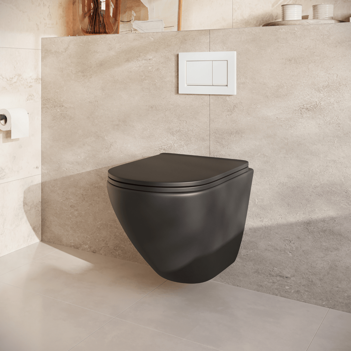 Hangtoilet met Inbouwreservoir - Rond Zwart - Drukplaat Vierkant Wit - Linea - lomazoo.com