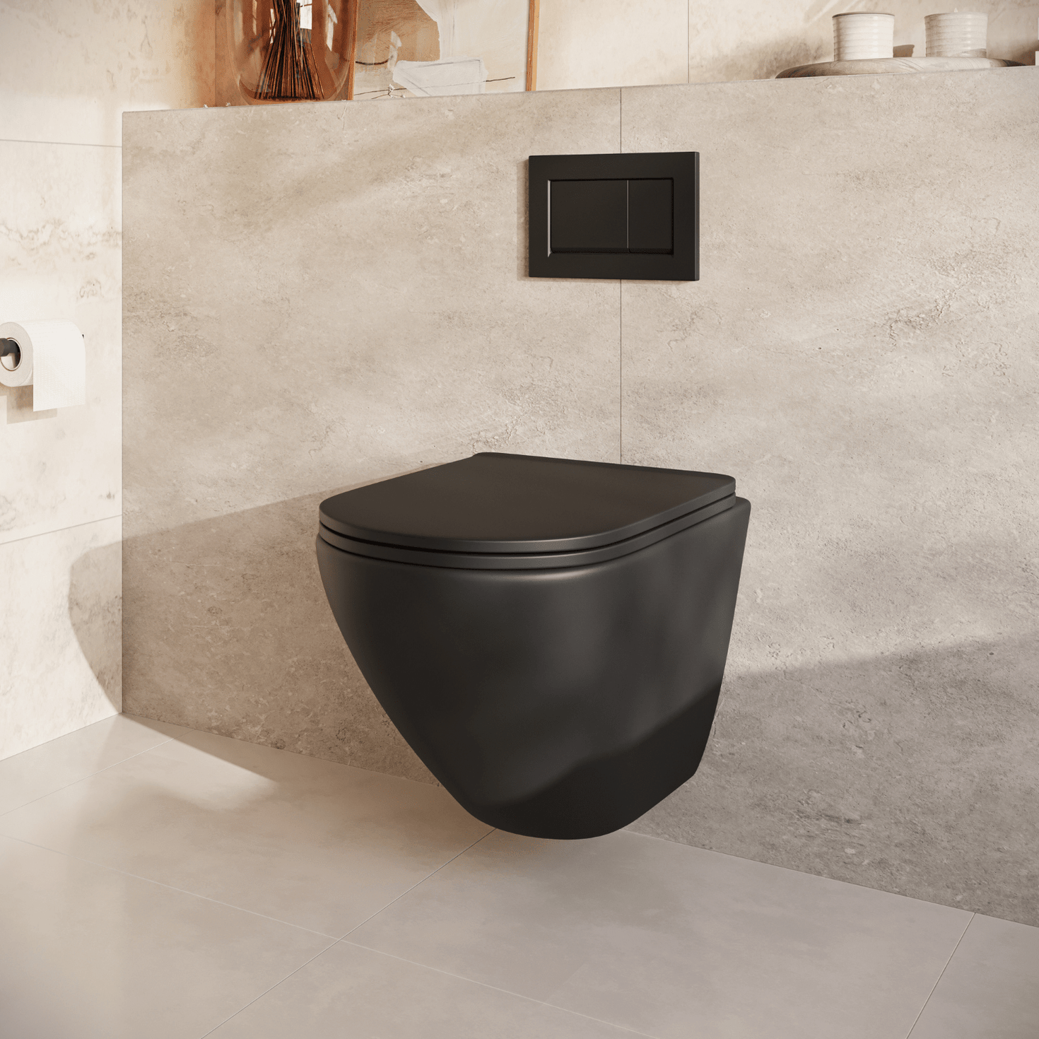 Hangtoilet met Inbouwreservoir - Rond Zwart - Drukplaat Vierkant Zwart - Linea - lomazoo.com