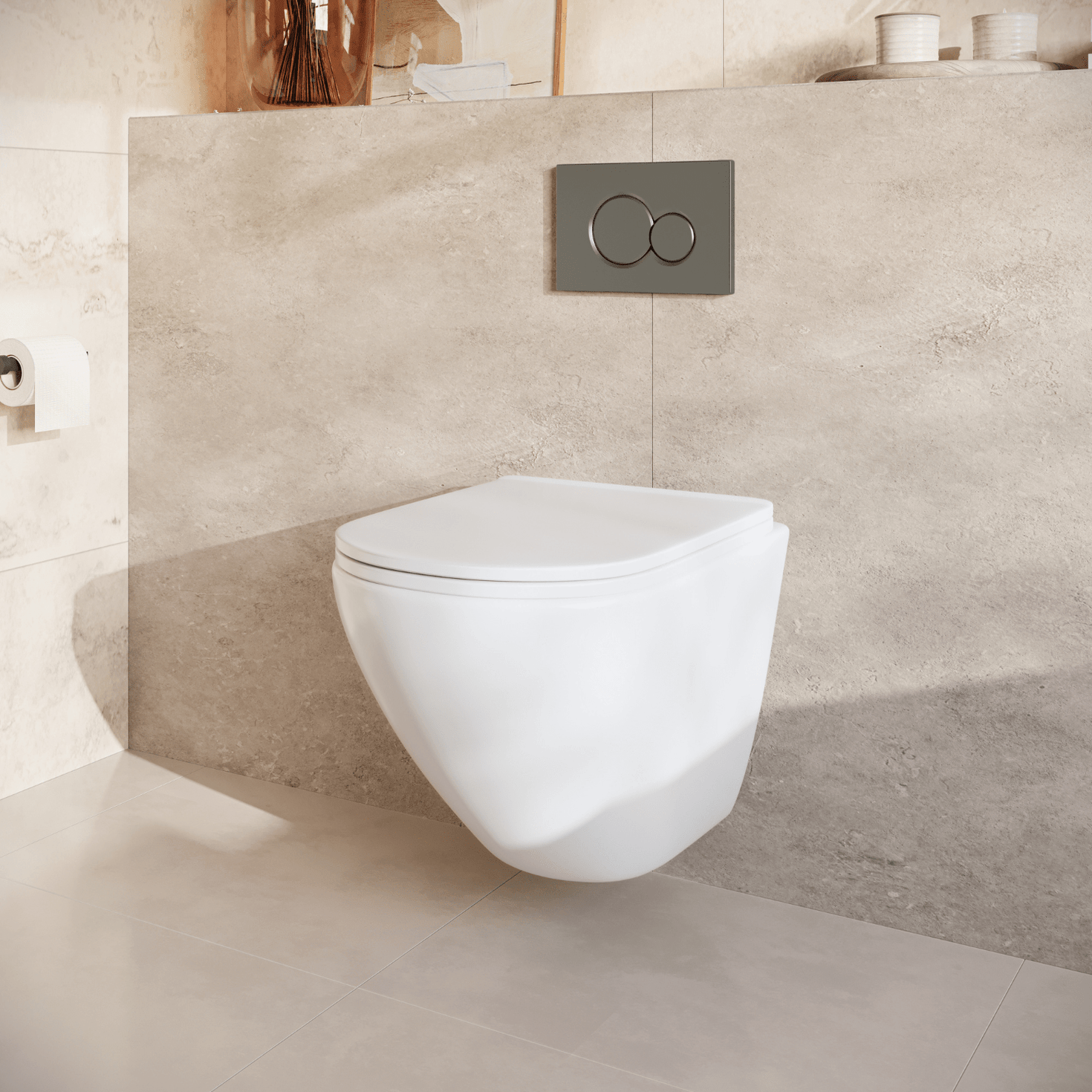 Hangtoilet met Inbouwreservoir - Rond Wit - Drukplaat Rond Gunmetal - Linea - lomazoo.com