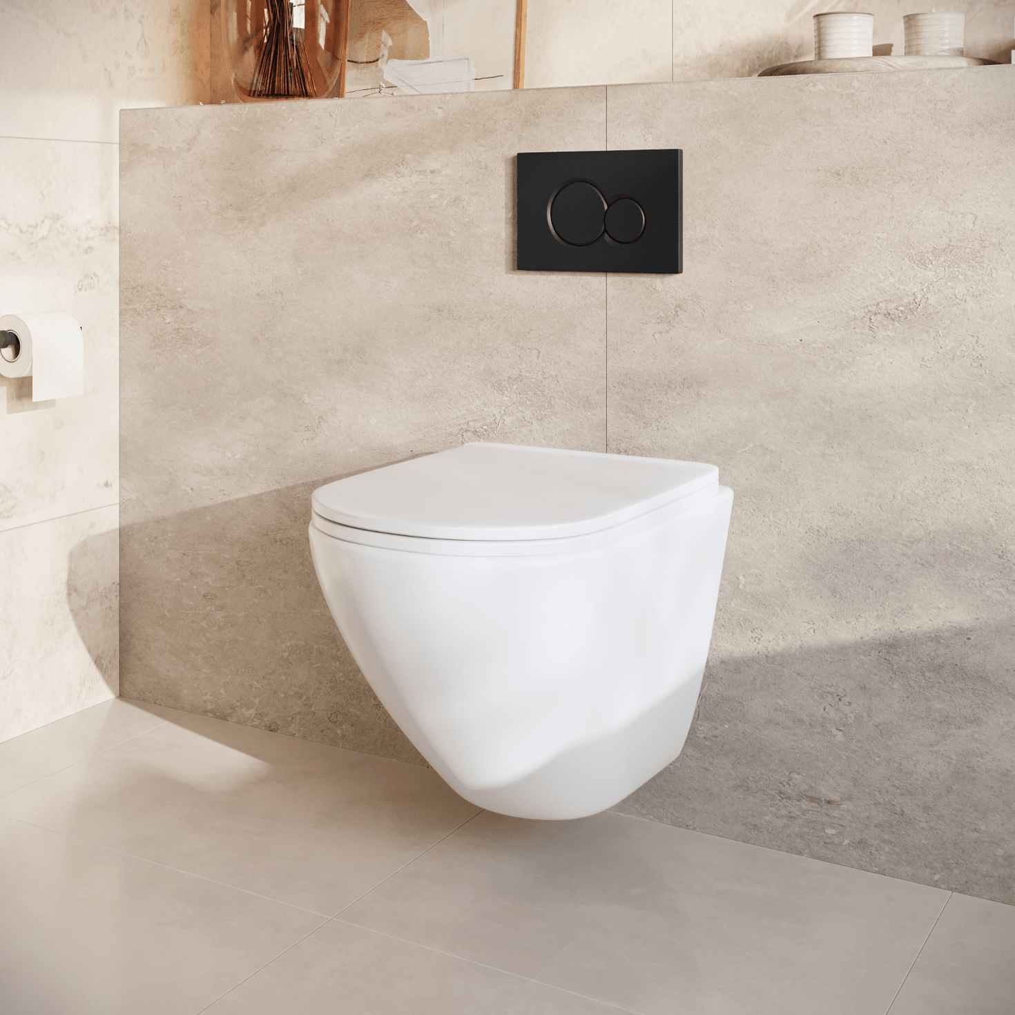 Hangtoilet met Inbouwreservoir - Rond Wit - Drukplaat Rond Zwart - Linea - lomazoo.com