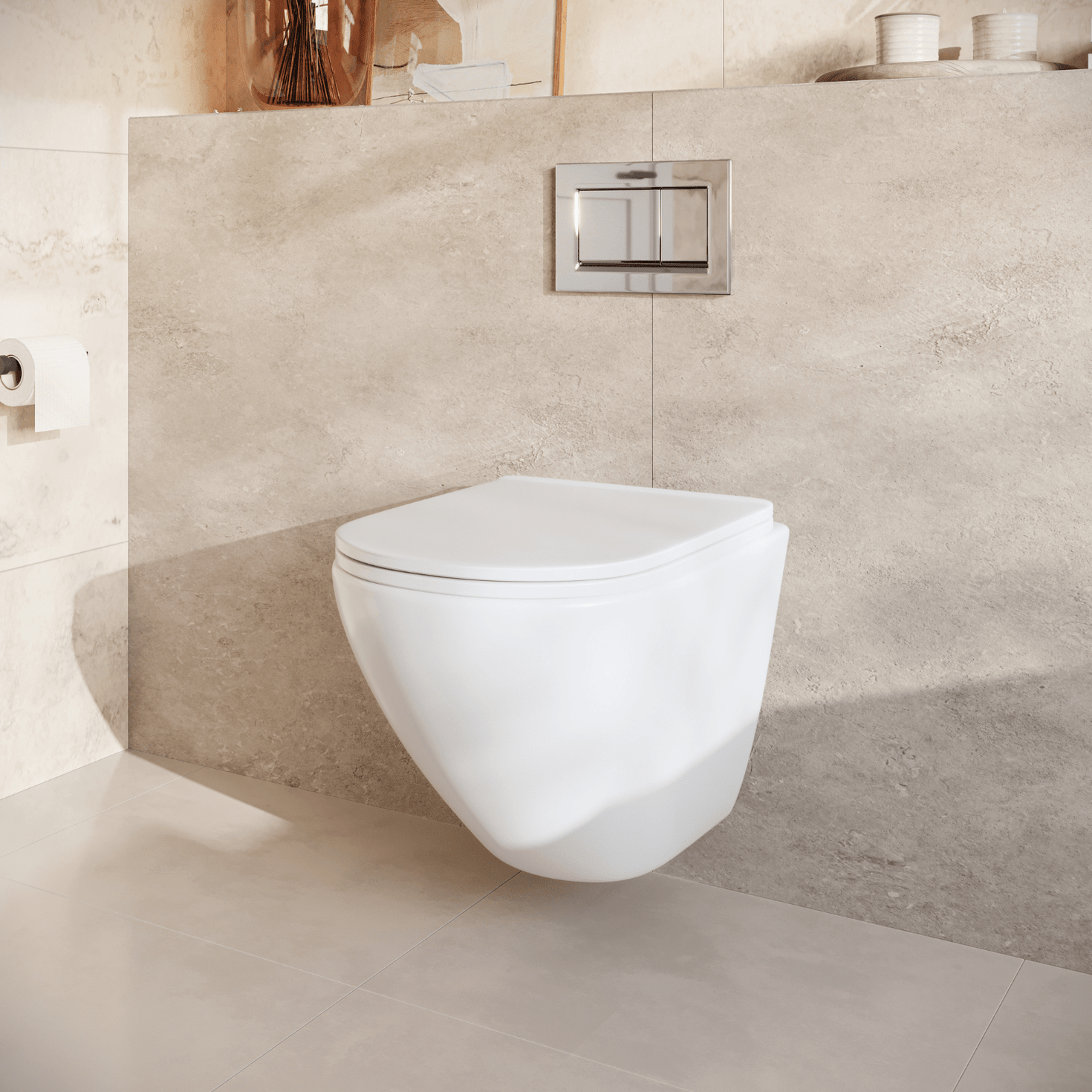 Hangtoilet met Inbouwreservoir - Rond Wit - Drukplaat Vierkant Chroom - Linea - lomazoo.com