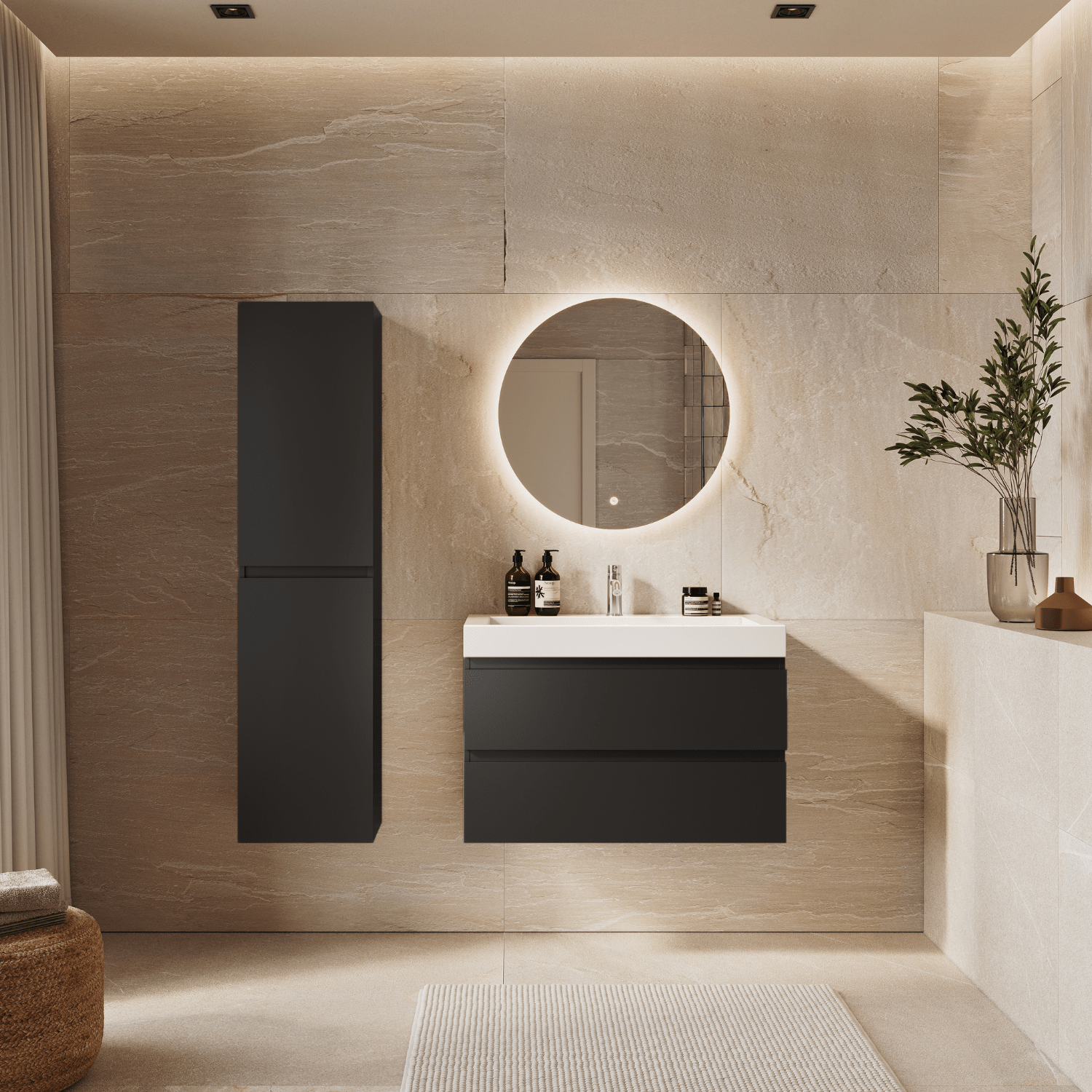 AZURO Mat Zwart - Wastafel Wit - Met Kolomkast - 80cm - lomazoo.com