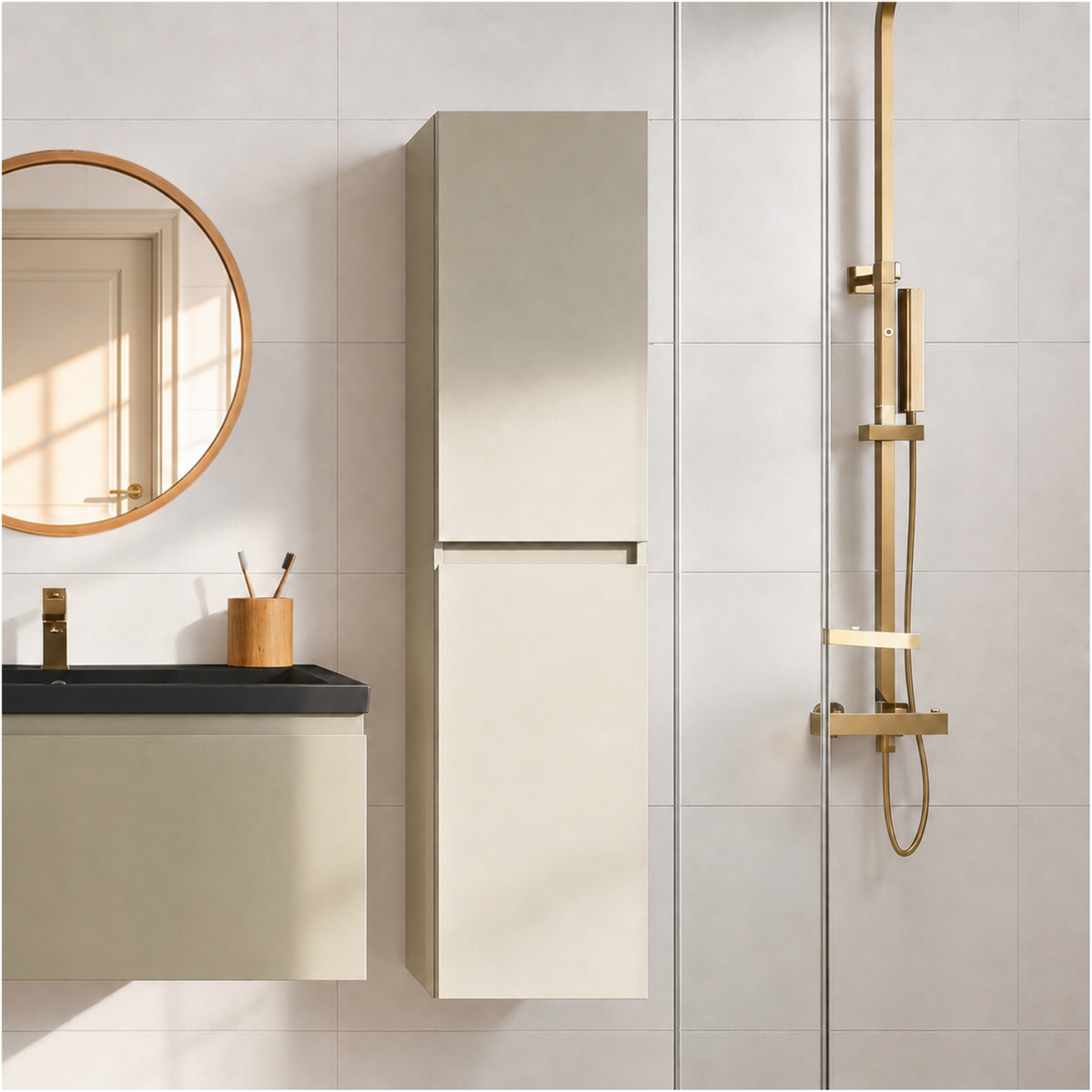 Badmeubelset SORRENTO 100cm - Met Kolomkast - Greige - Wastafel Zwart - lomazoo.com