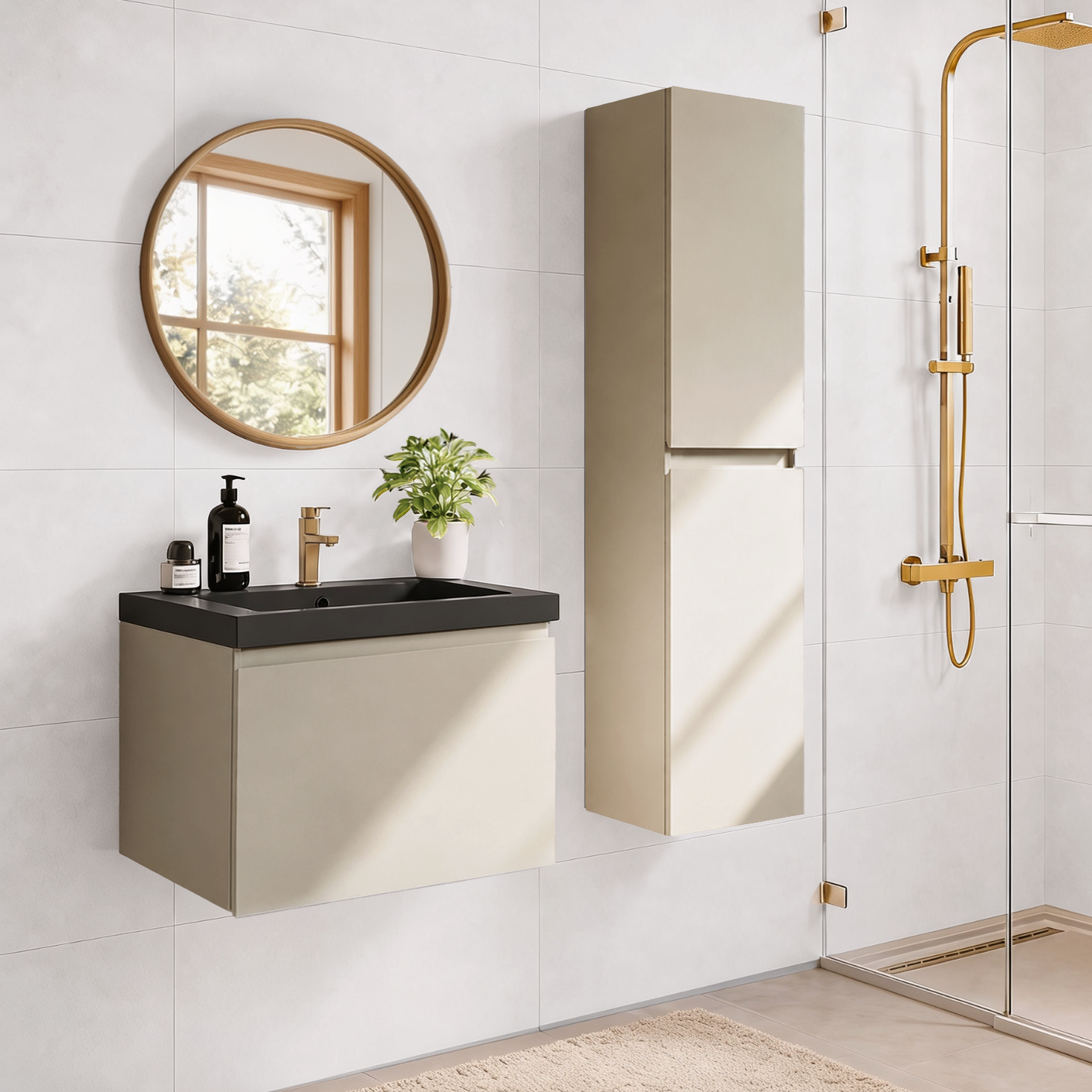 Badmeubelset SORRENTO 60cm - Met Kolomkast - Greige - Wastafel Zwart - lomazoo.com