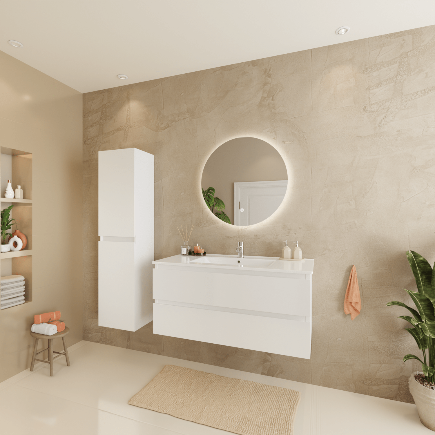 Badmeubelset VERONA 100 cm - Met Kolomkast - Glanzend Wit - Wastafel Wit - lomazoo.com