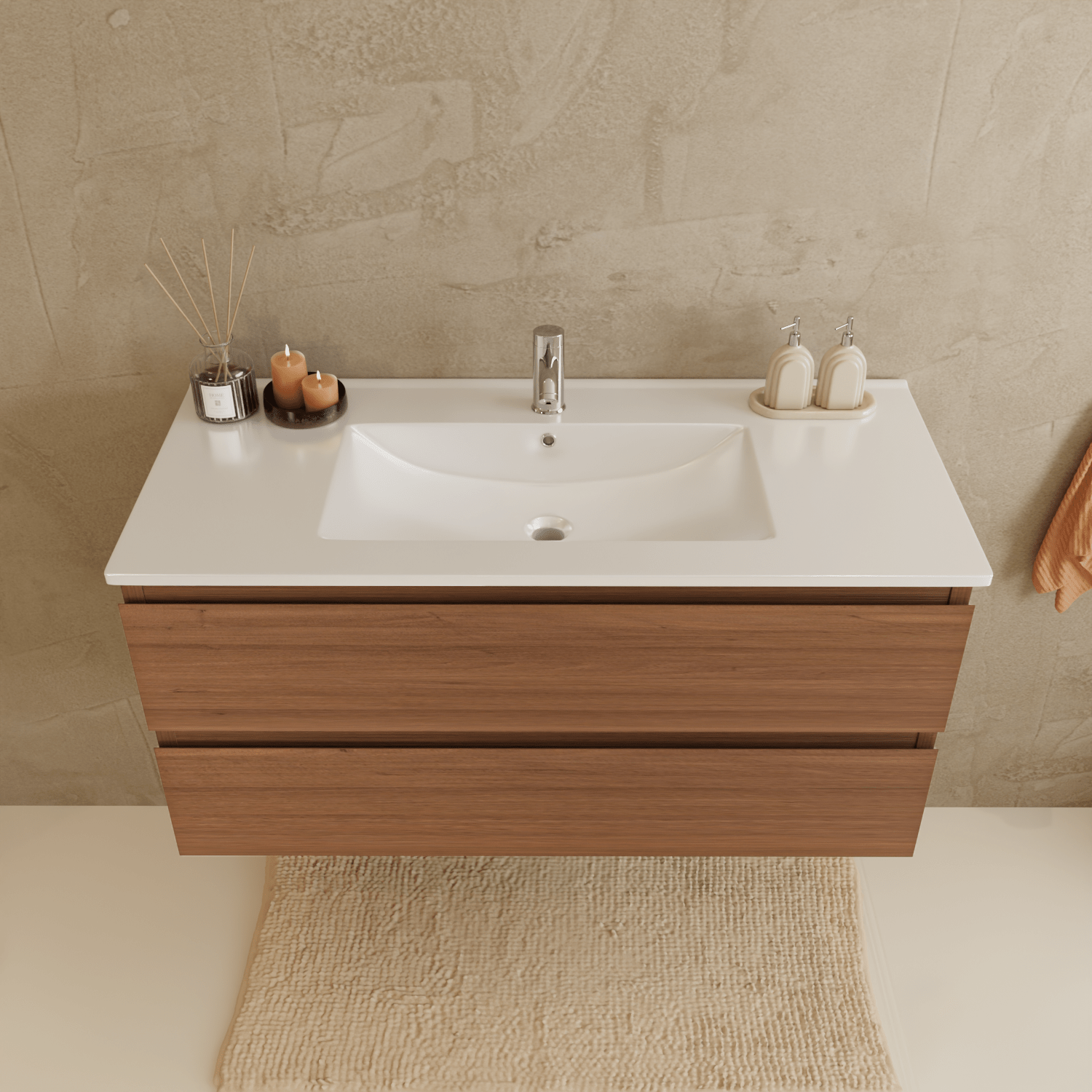 Badmeubelset VERONA 100 cm - Met Kolomkast - Warm Eiken - Wastafel Wit - lomazoo.com