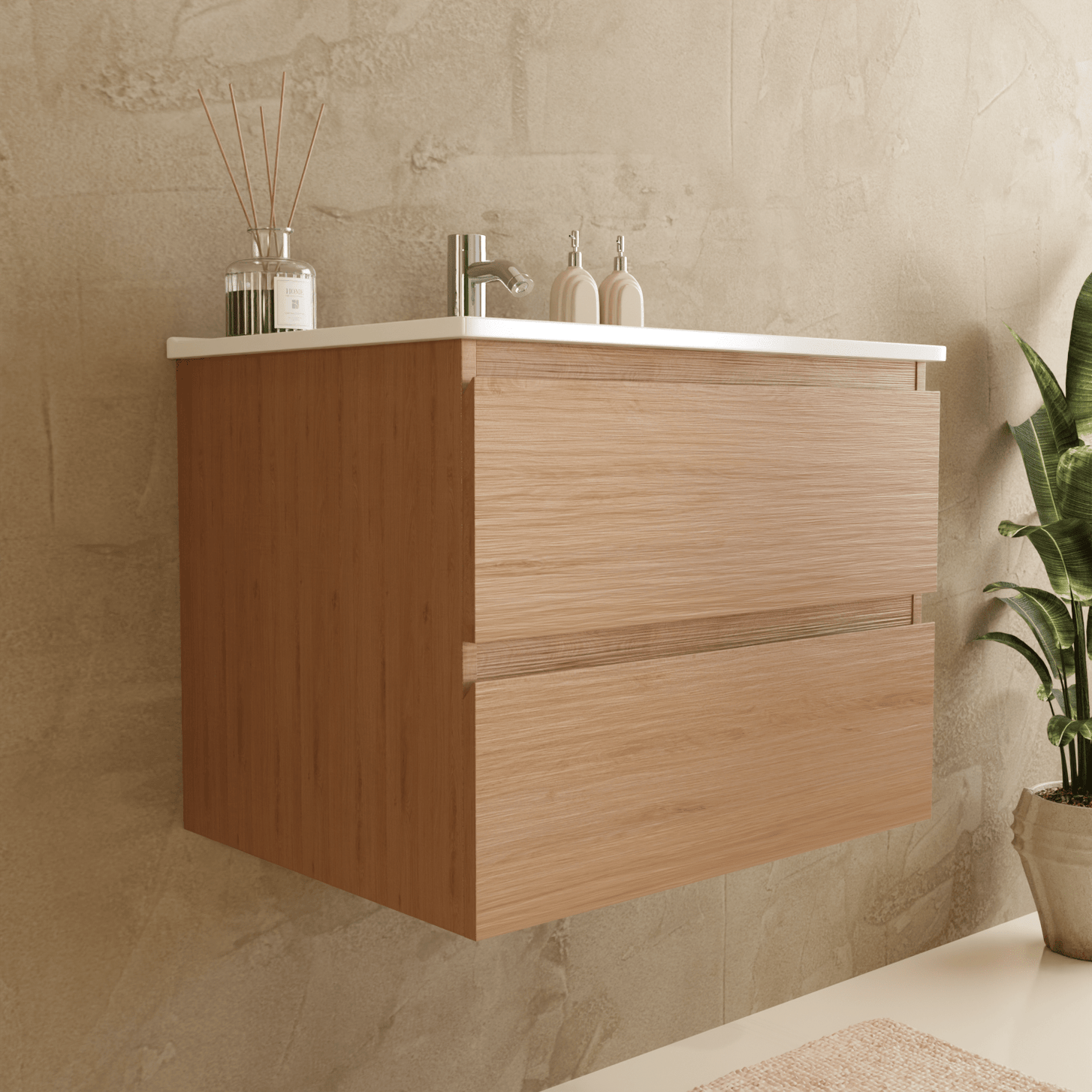 Badmeubelset VERONA 60 cm - Met Kolomkast - Licht Eiken - Wastafel Wit - lomazoo.com