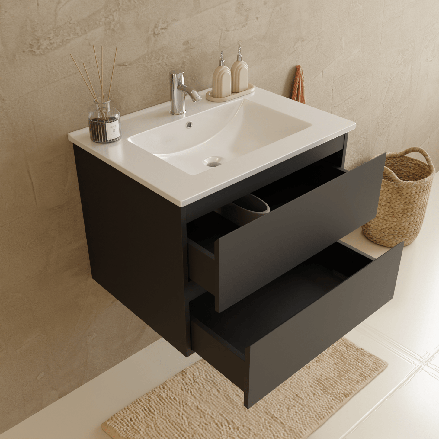 Badmeubelset VERONA 60 cm - Met Kolomkast - Mat Zwart - Wastafel Wit - lomazoo.com