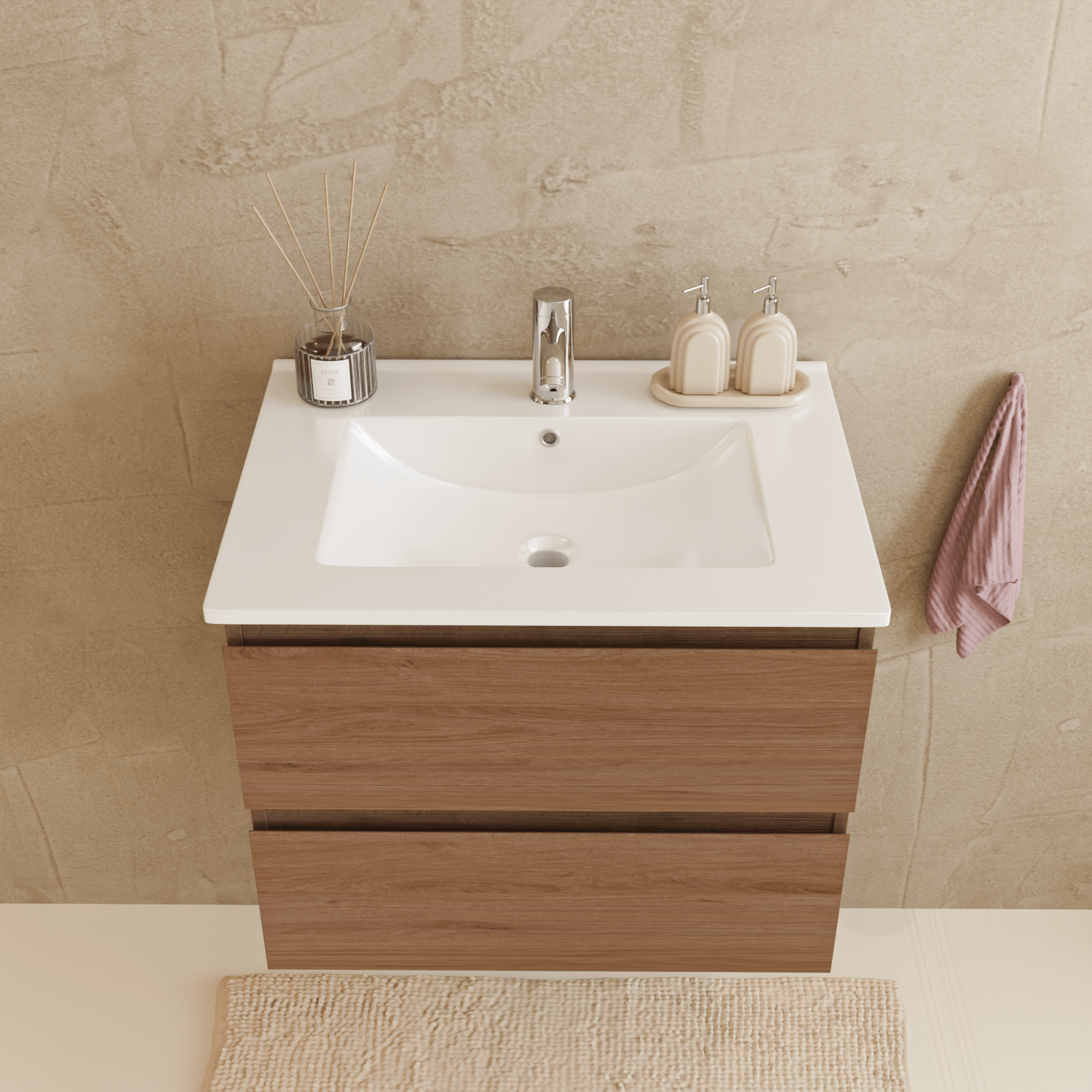 Badmeubelset VERONA 60 cm - Met Kolomkast - Warm Eiken - Wastafel Wit - lomazoo.com