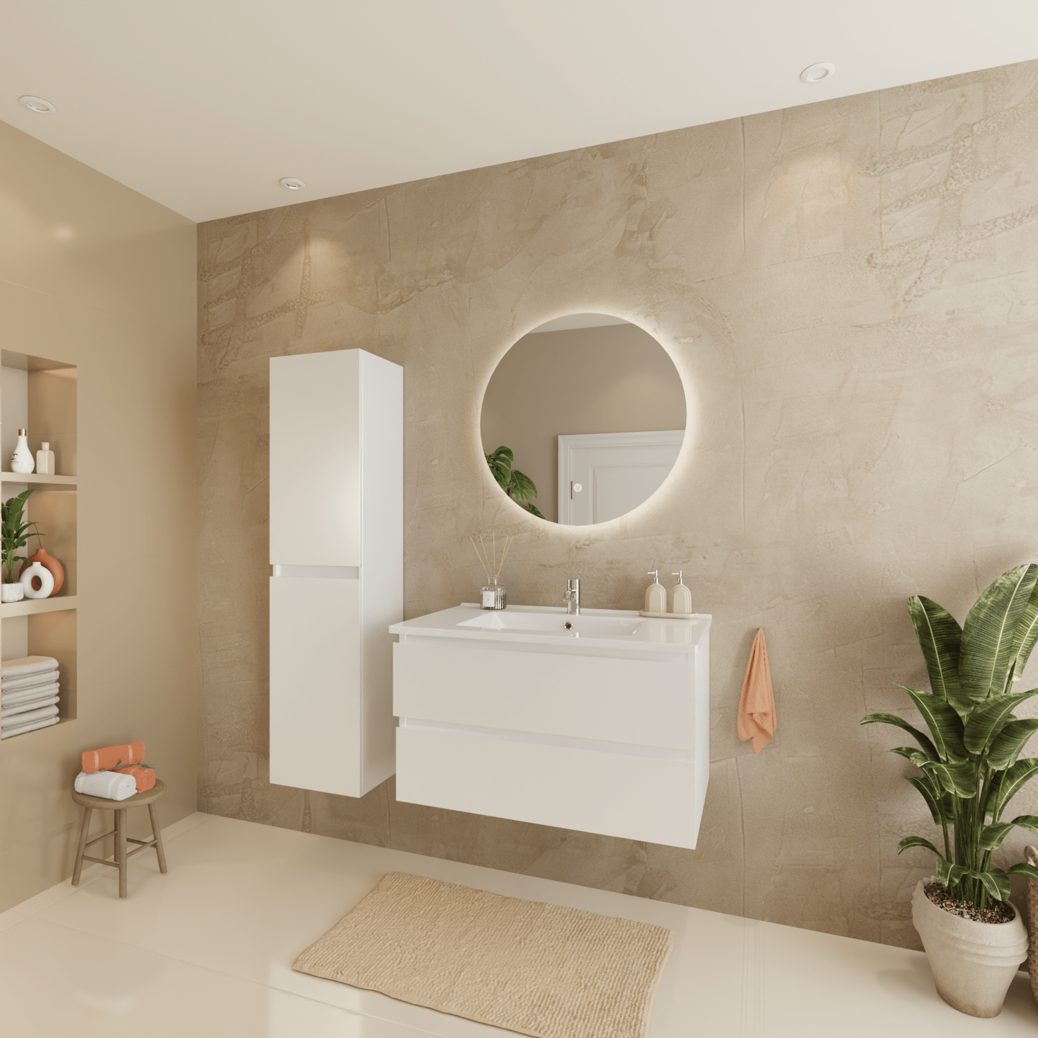 Badmeubelset VERONA 80 cm - Met Kolomkast - Glanzend Wit - Wastafel Wit - lomazoo.com