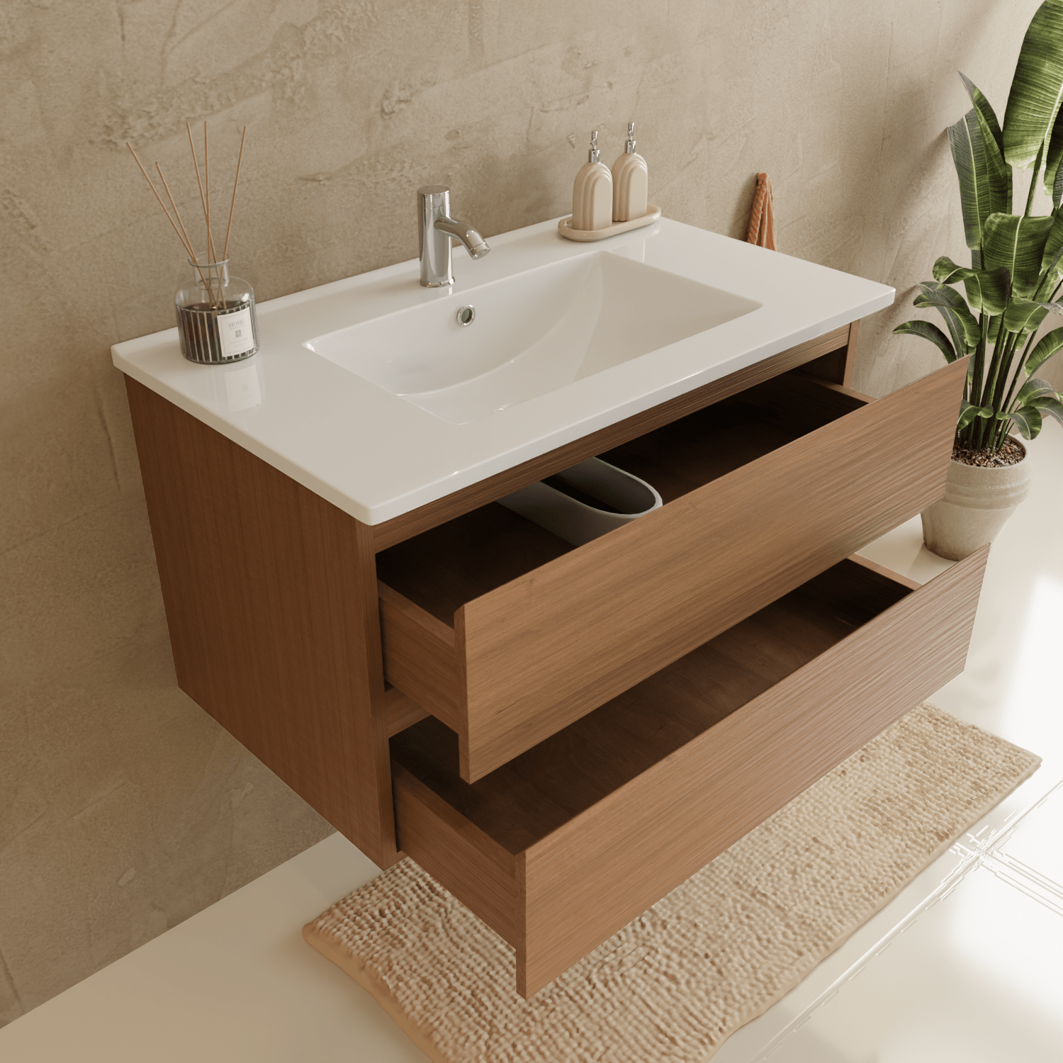 Badmeubelset VERONA 80 cm - Met Kolomkast - Warm Eiken - Wastafel Wit - lomazoo.com