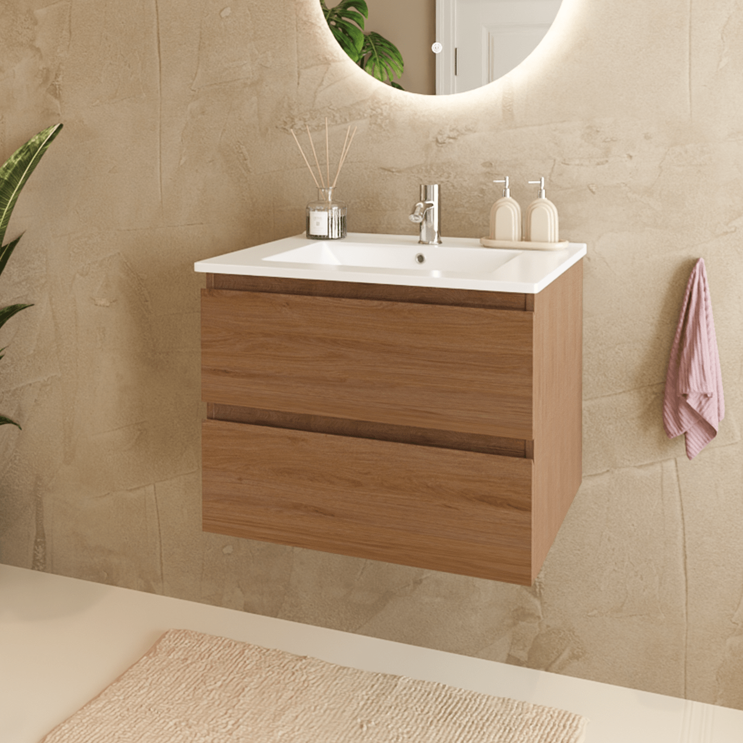 MARENZA Warm Eiken - Wastafel Wit - 60cm - lomazoo.com