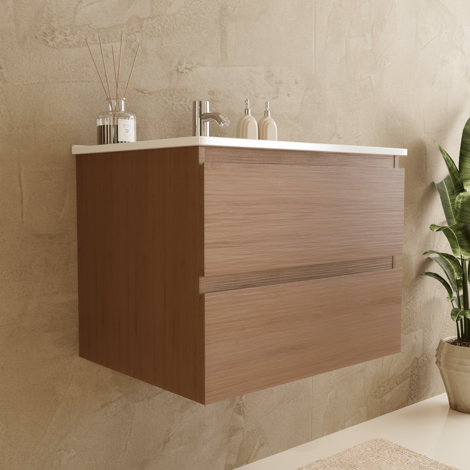 MARENZA Warm Eiken - Wastafel Wit - 60cm - lomazoo.com