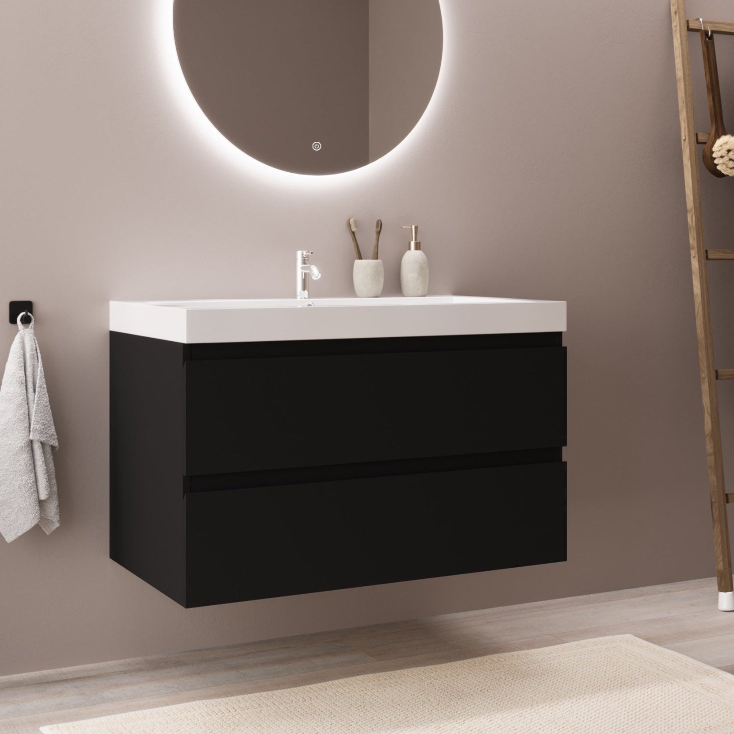 MONACO Mat Zwart - Wastafel Wit - 80cm - lomazoo.com