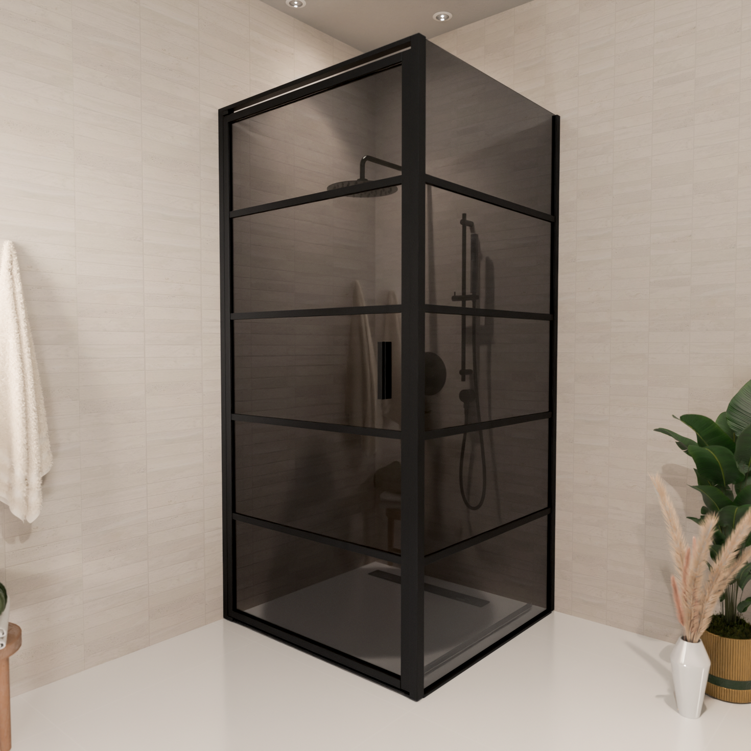 Cabine de douche Cartagena 90 x 90 x 200 cm – Noir – Avec bandes – Verre fumé – Revêtement Nano