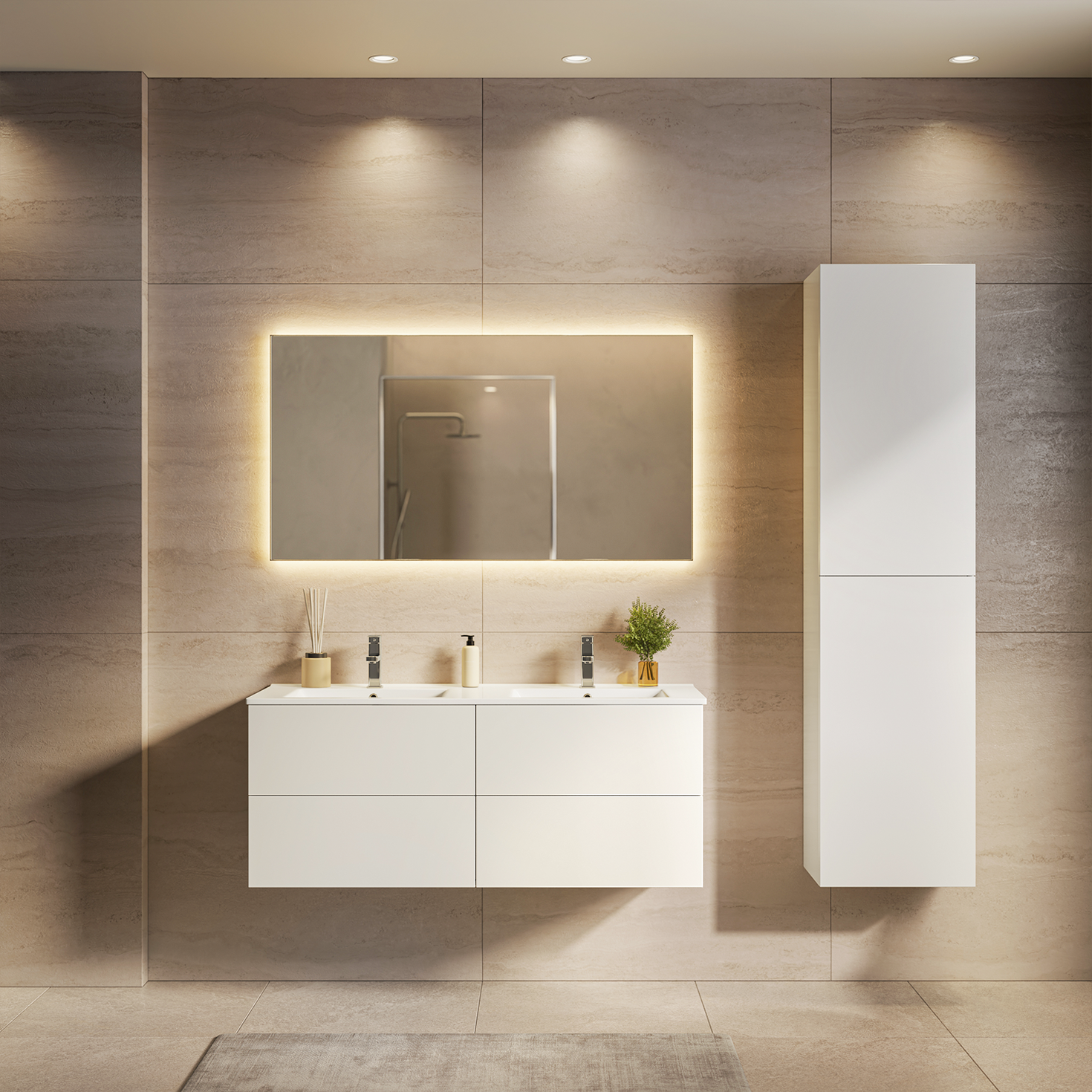 Ensemble de meubles de salle de bain NUVANO 120 cm – avec colonne de rangement – blanc brillant – vasque blanche