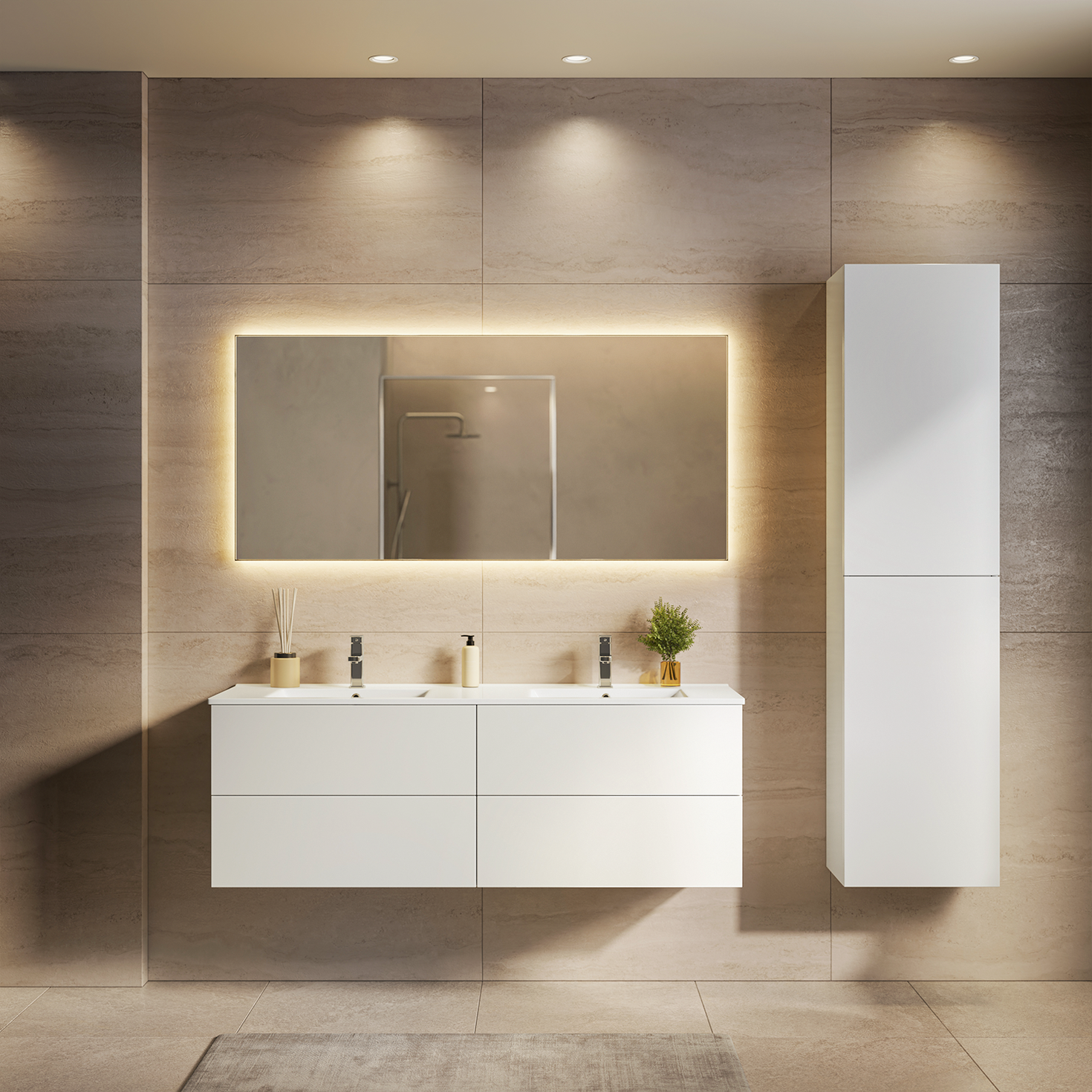 Ensemble de meubles de salle de bain NUVANO 140 cm – avec colonne de rangement – blanc brillant – vasque blanche