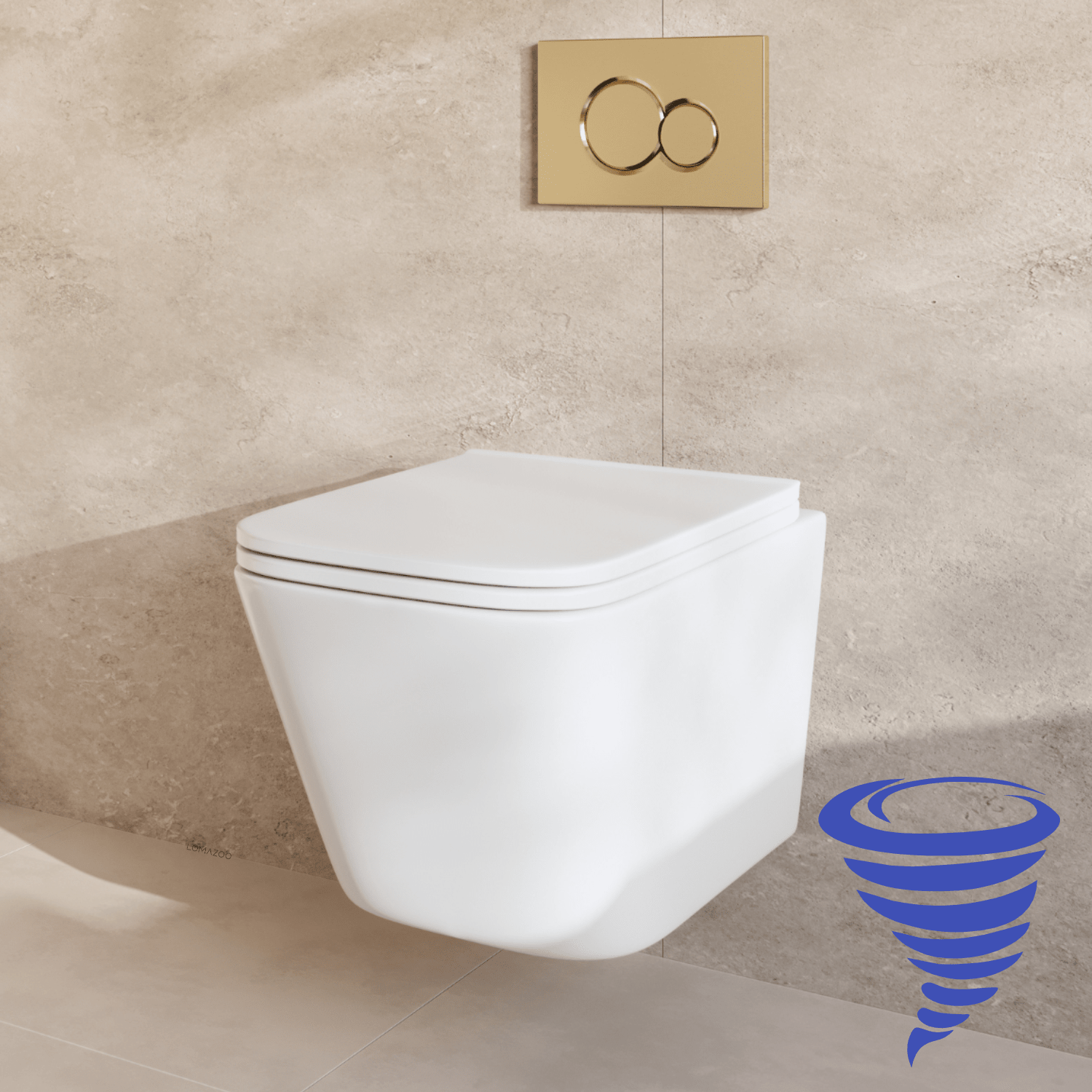Hangtoilet met Inbouwreservoir - Vierkant Wit - Drukplaat Rond Goud - Linea - lomazoo.com
