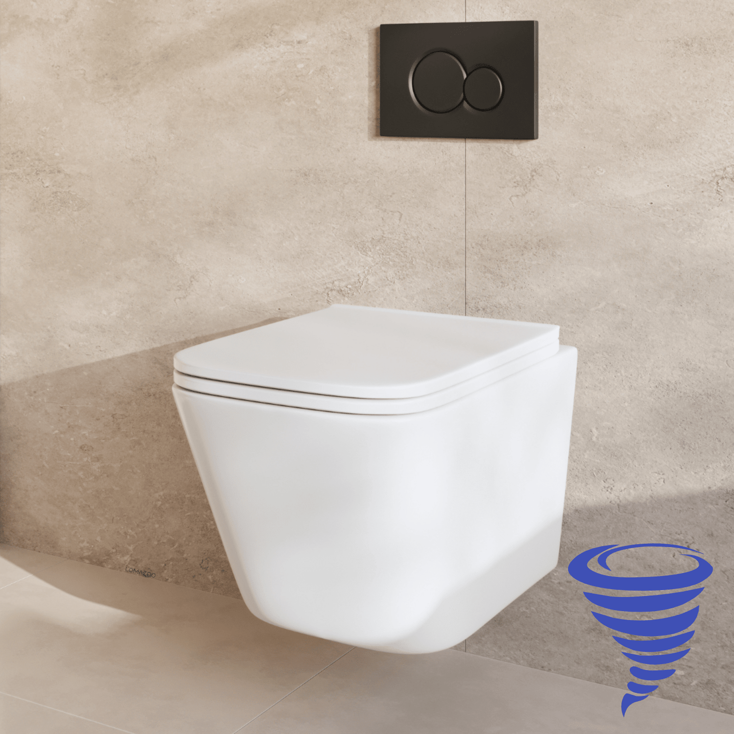 Hangtoilet met Inbouwreservoir - Vierkant Wit - Drukplaat Rond Zwart - Linea - lomazoo.com