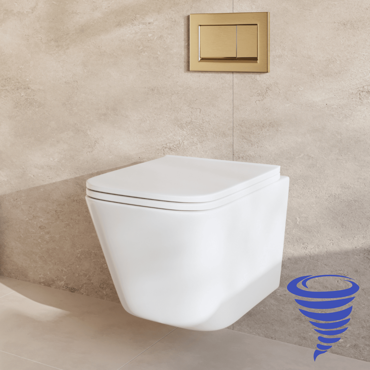 Hangtoilet met Inbouwreservoir - Vierkant Wit - Drukplaat Vierkant Goud - Linea - lomazoo.com