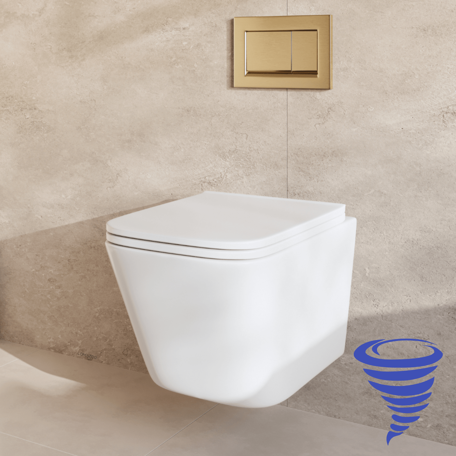 Hangtoilet met Inbouwreservoir - Vierkant Wit - Drukplaat Vierkant Goud - Linea - lomazoo.com