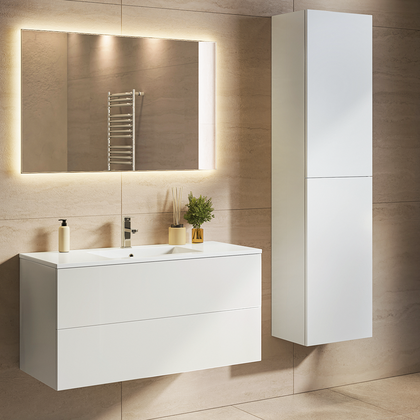 Ensemble de meubles de salle de bain NUVANO 100 cm – avec colonne de rangement – blanc brillant – vasque blanche