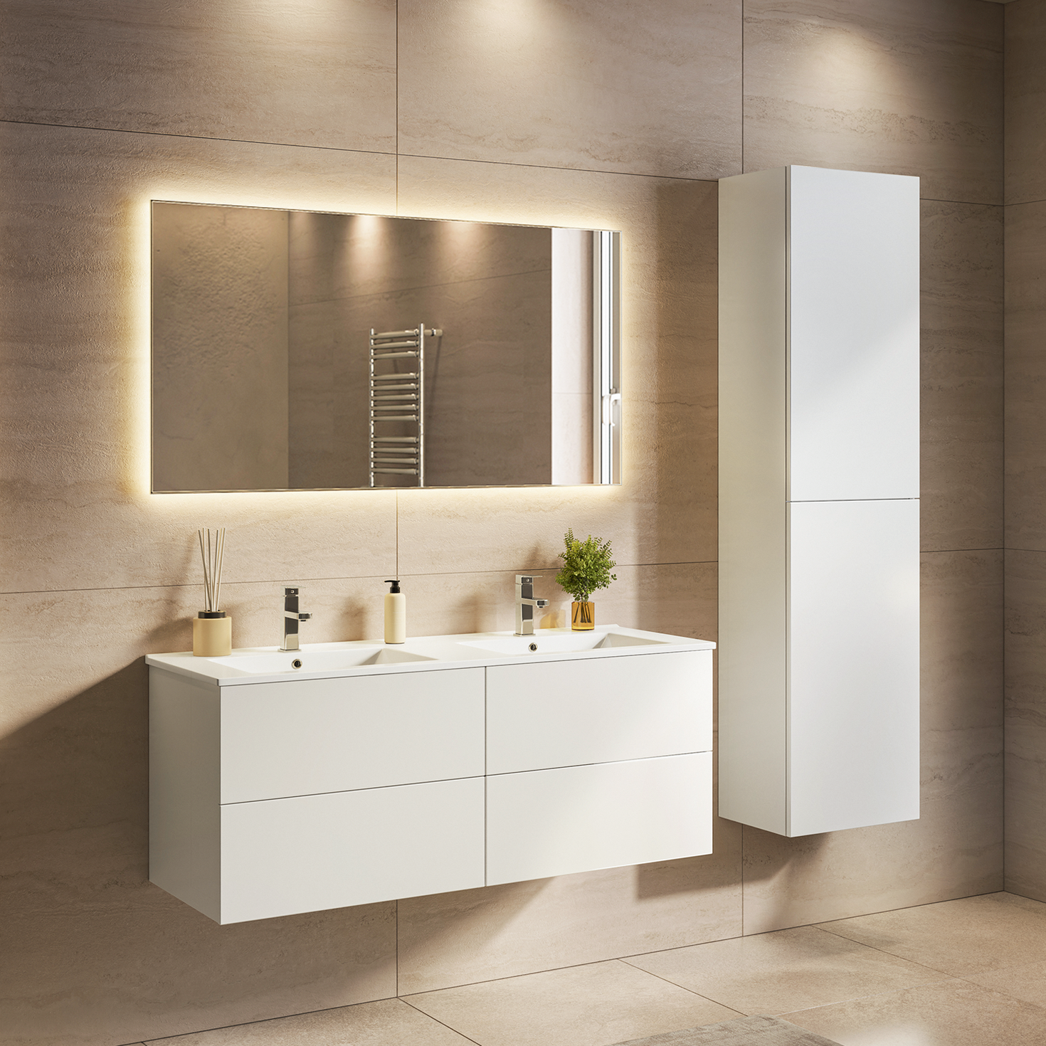 Ensemble de meubles de salle de bain NUVANO 120 cm – avec colonne de rangement – blanc brillant – vasque blanche
