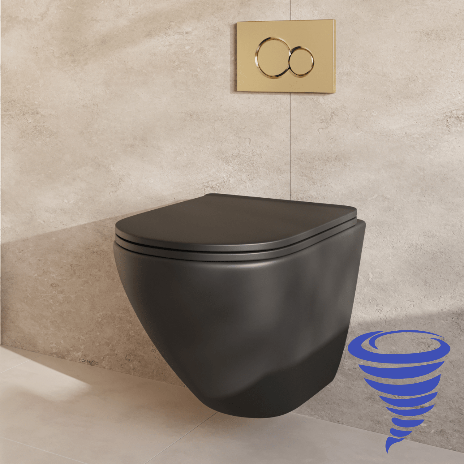 Hangtoilet met Inbouwreservoir - Rond Zwart - Drukplaat Rond Goud - Linea - lomazoo.com