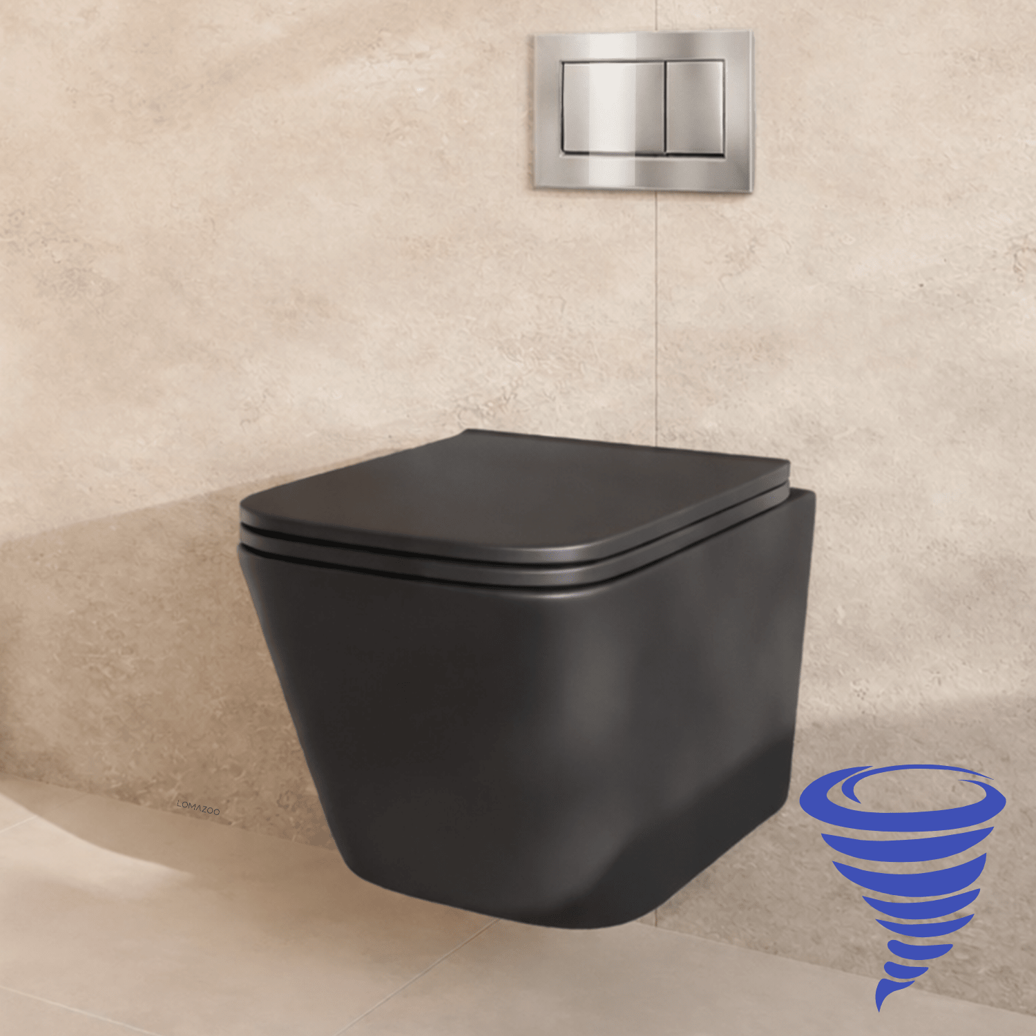 Hangtoilet met Inbouwreservoir - Vierkant Zwart - Drukplaat Vierkant Chroom - Linea - lomazoo.com